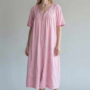 Vtg Anthony Richards Light Pink Embroidered House Coat Zipper Pockets Women's L